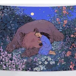 Dreamy Bear and Girl Wall Tapestry - Blue and Purple